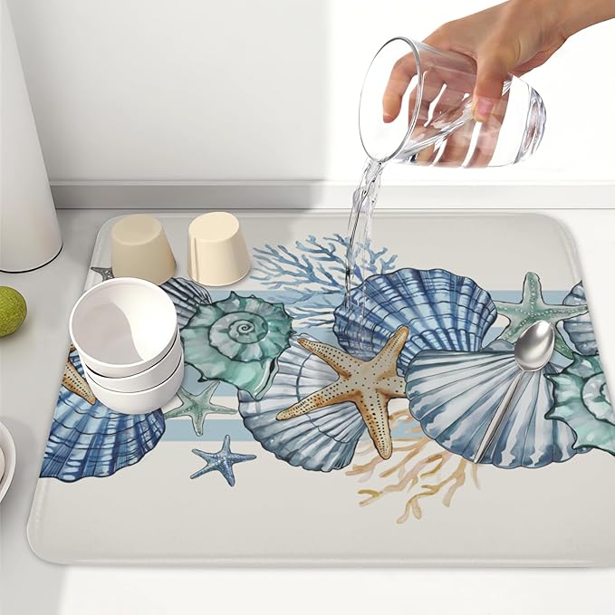 Summer Sea Shell Drying Mat 18x16 Inch, Starfish Drying Mat with Absorbent Reversible Microfiber, Coastal Dish Drainer Mats Holiday Ocean Rack Pad for Coffee Countertop Kitchen Protector