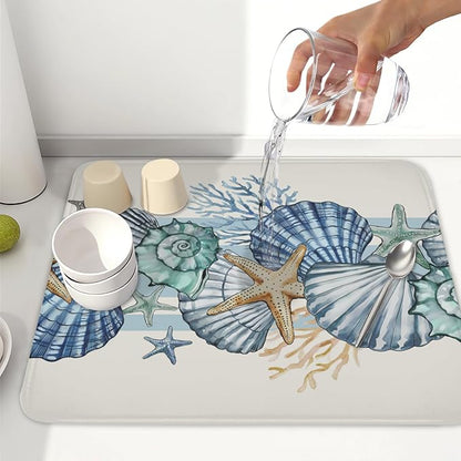 Summer Sea Shell Drying Mat 18x16 Inch, Starfish Drying Mat with Absorbent Reversible Microfiber, Coastal Dish Drainer Mats Holiday Ocean Rack Pad for Coffee Countertop Kitchen Protector