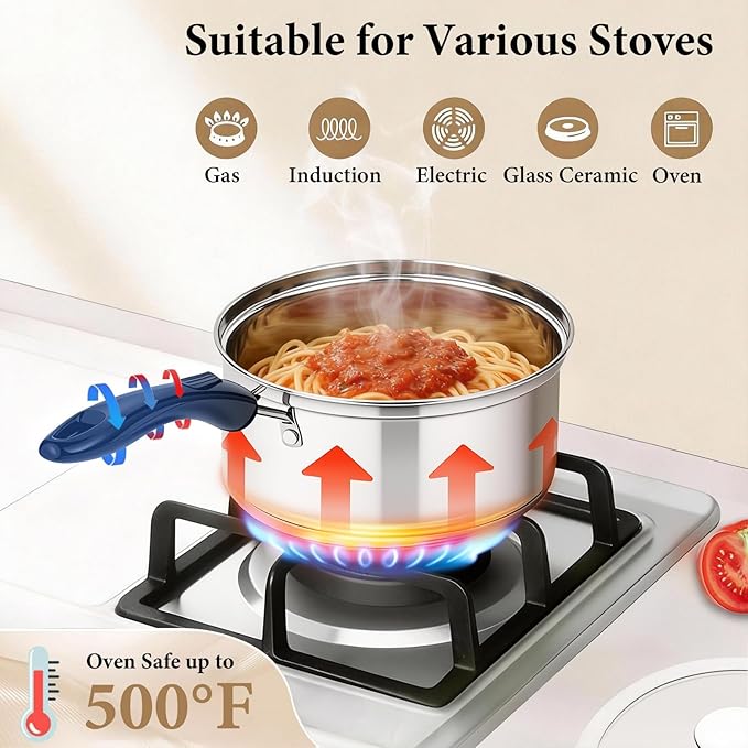 Stainless Steel Saucepan with Lid Set - 2.5QT & 3.5QT & 5.5QT, Triply Sauce Pan Induction Pot for Cooking, Boiling, Compatible with All Stoves, Transparent Lid, Oven & Dishwasher Safe - Image 4