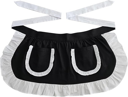 Women’s Waist Aprons with White Pockets Half Server Home Waitress Vintage Servant Apron for Kitchen Cooking