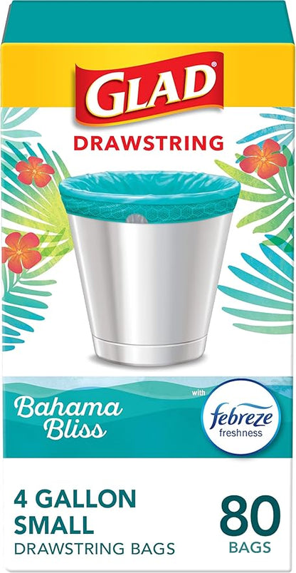 Glad Small Trash Bags 4 Gallon, Febreze Bahama Bliss Garbage Bags, Odor Resistant with Drawstring, 80 Count