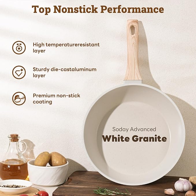 17 Pcs Pots and Pans Set Non stick，Cookware Sets White Granite Induction Cookware, Non-toxic Healthy Non Stick Kitchen Cooking Set with Frying Pans Set, Saucepans (PFAS, PFOA, PFOS Free) White - Image 6