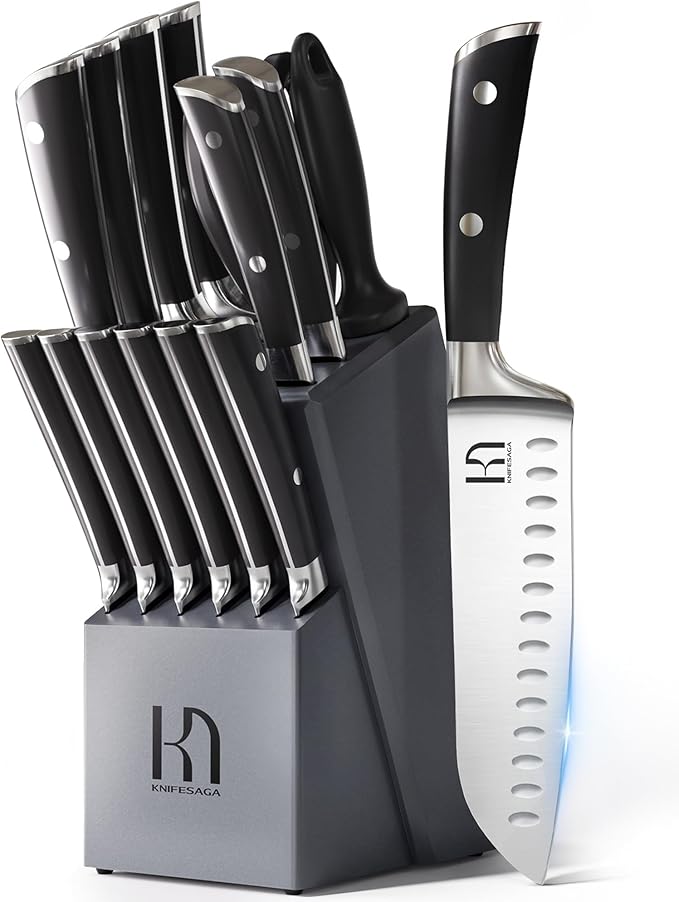KnifeSaga Premium Knife Set 15 Pcs Quality Kitchen Knife Set with Block, Japanese High Carbon Stainless Steel Razor Sharp Knife Block Set, Acacia Wood Block Knife Set with Ergonomic Full-tang Handle by PushBoundariesforSharpness