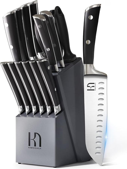 KnifeSaga Premium Knife Set 15 Pcs Quality Kitchen Knife Set with Block, Japanese High Carbon Stainless Steel Razor Sharp Knife Block Set, Acacia Wood Block Knife Set with Ergonomic Full-tang Handle by PushBoundariesforSharpness