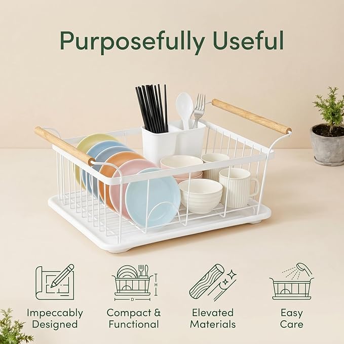 Dish Racks for Kitchen Counter, Thickened Metal Dish Drying Rack with Wooden Handles, Kitchen Countertop Organizer for Dishes, Spoons and Forks, No Assembly, White, 18.7''*12.6''*5.51'' - Image 3