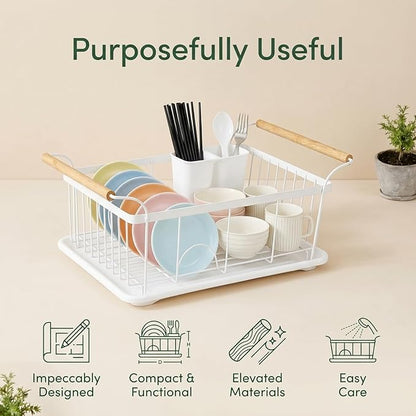 Dish Racks for Kitchen Counter, Thickened Metal Dish Drying Rack with Wooden Handles, Kitchen Countertop Organizer for Dishes, Spoons and Forks, No Assembly, White, 18.7''*12.6''*5.51'' - Image 3