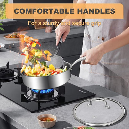 EWFEN Tri-Ply Stainless Steel Frying Pan 3QT, 10 Inch Deep Frying Pan with lids, Skillet, Induction Cooking Pan, Dishwasher and Oven Safe, Fast & Even Heat, Heavy Duty and Detachable Handle - Image 3