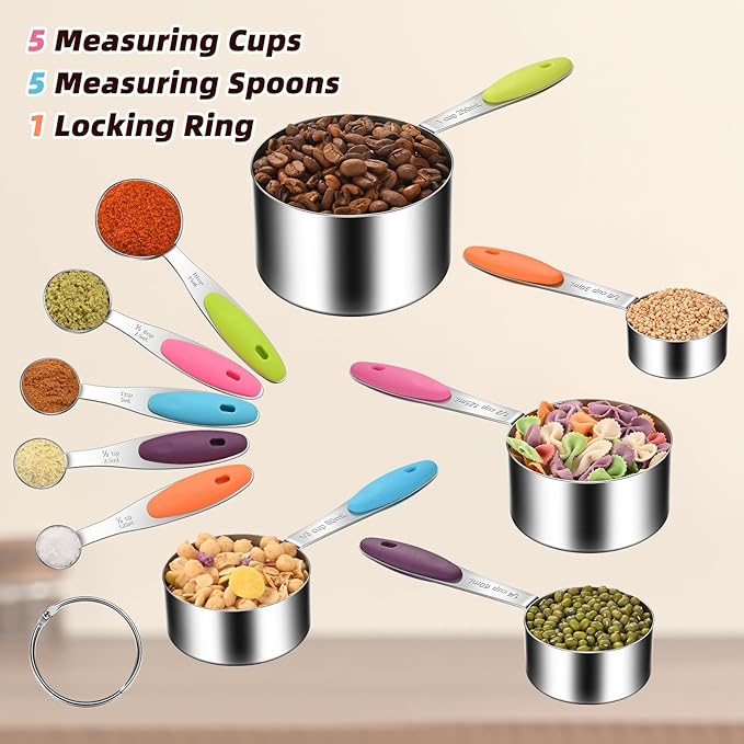 10-Piece Measuring Cups and Spoons Set, 304 Stainless Steel with Color-Coded Silicone Handles, Engraved Metric/US Measurements, Stackable & Detachable, Dishwasher Safe