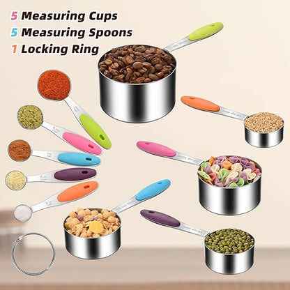 10-Piece Measuring Cups and Spoons Set, 304 Stainless Steel with Color-Coded Silicone Handles, Engraved Metric/US Measurements, Stackable & Detachable, Dishwasher Safe