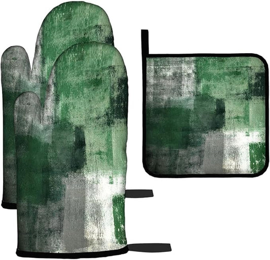 LOKMU Oven Mitts and Pot Holders Set of 3, Emerald Green and Grey White Abstract Art Heat Resistant Kitchen Gloves Hot Pads for Cooking Baking BBQ, Kitchen Decor Gifts for Cooking Lover Cooks