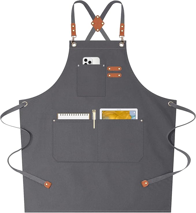 AFUN Chef Aprons for Women Men with Oversized Pockets, 12-Ounce Cotton Canvas Cross Back Water Repellent Apron (Grey) by BringYouaFun
