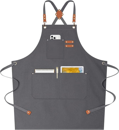 AFUN Chef Aprons for Women Men with Oversized Pockets, 12-Ounce Cotton Canvas Cross Back Water Repellent Apron (Grey) by BringYouaFun