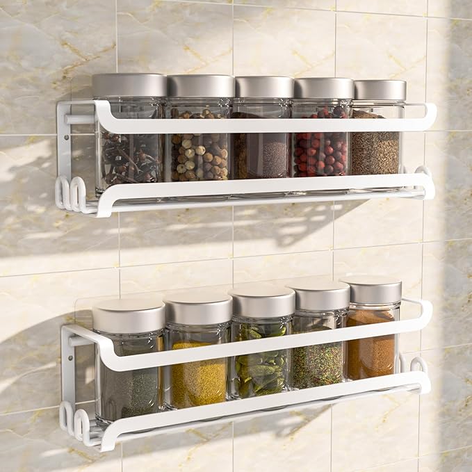 LUCYCAZ 2 Pack Wall Mounted Spice Rack with 8 Hooks, Spice Organizer Shelf for Stove Cabinet Pantry Door,Screw or Adhesive Spice Shelf Hanging Wall Spice Rack in Kitchen and RV (White, 2 PACK) by LUCYCAZ