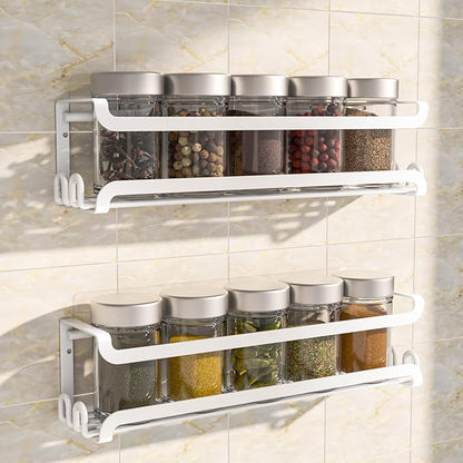 LUCYCAZ 2 Pack Wall Mounted Spice Rack with 8 Hooks, Spice Organizer Shelf for Stove Cabinet Pantry Door,Screw or Adhesive Spice Shelf Hanging Wall Spice Rack in Kitchen and RV (White, 2 PACK) by LUCYCAZ