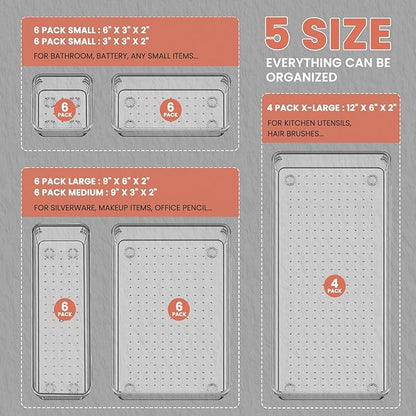 Large Clear Plastic Drawer Organizer 28 Pack - 5 Sizes (XL to small) Acrylic Drawer Organizer Trays for Kitchen Utensils, Gadgets, Bathroom, Vanity and Makeup, Office - Everything Can Be Organized! - Image 2
