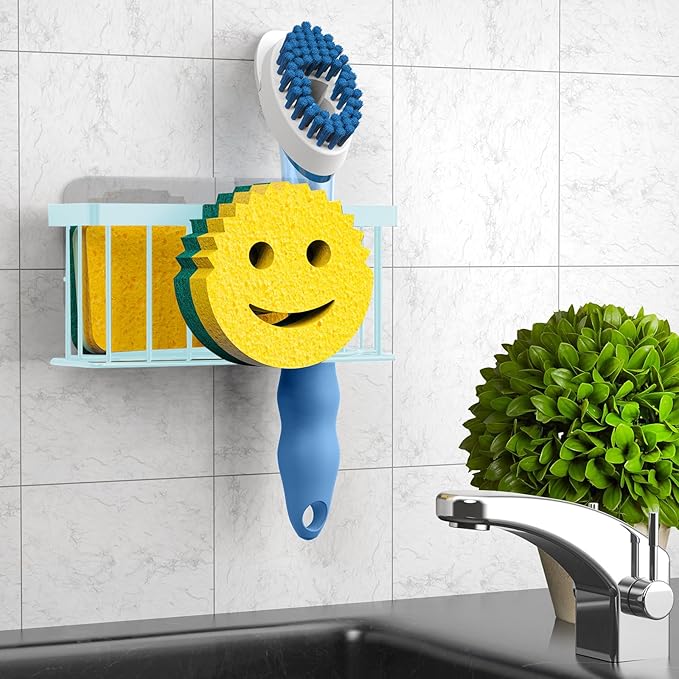 MURLONG Sponge Holder Smiley Face,Sink Caddy for Kitchen Sink,Sponge Holder with 2 PCS Suction Cups/1 PCS Adhesive Strips,Designed for Sponge,Soap,Dish Brush,Scrubber-Blue - Image 6