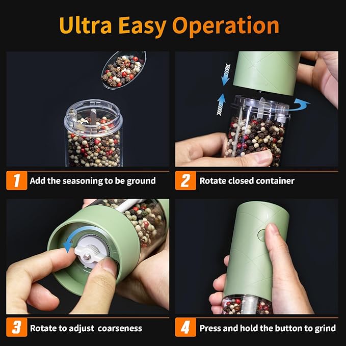 2Pack Electric Salt and Pepper Grinder Set USB Rechargeable with Warm LED Light, Adjustable Coarseness Lidaop Large Capacity Automatic Salt Pepper Mill Grinder for Kitchen, Restaurant, Outdoor, Green - Image 7