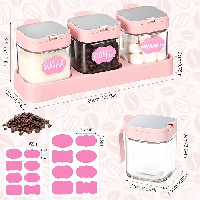 Suclain 3 Pcs Glass Coffee Containers Coffee Station Organizer Set, Airtight Bean Storage Jars with Shelf,labels,spoon, Base and Pen,for Sugar, Candy, Oats, Nuts (Pink) - Image 2