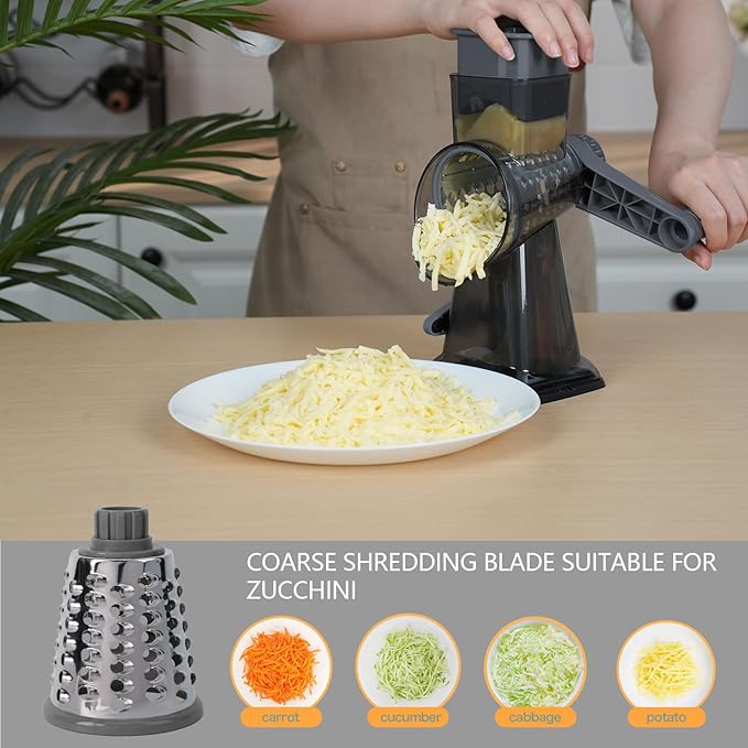Rotary Cheese Grater with Handle-Versatile Cheese Grater Non-Slip Suction Base,Cheese Shredder & Food Slicer for Cheese,Carrots, Cucumbers,Nuts-Compact & Easy Clean Kitchen Kitchen Tool (Gray)