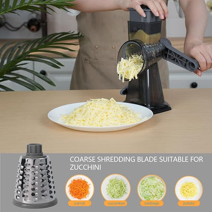 Rotary Cheese Grater with Handle-Versatile Cheese Grater Non-Slip Suction Base,Cheese Shredder & Food Slicer for Cheese,Carrots, Cucumbers,Nuts-Compact & Easy Clean Kitchen Kitchen Tool (Gray)