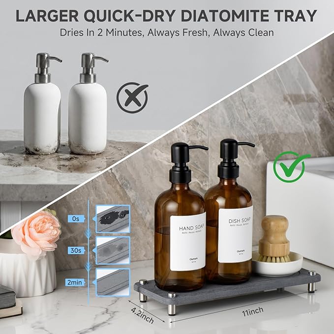 2 Pack Kitchen Soap Dispenser Set - 16oz Amber Glass Dish and Hand Soap Dispenser with Stainless Steel Pump, Instant Dry Tray, Dish Brush & Holder, Refillable Countertop Sink Decor for Kitchen & Bath - Image 2