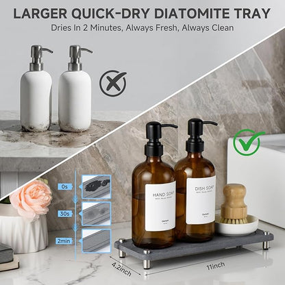 2 Pack Kitchen Soap Dispenser Set - 16oz Amber Glass Dish and Hand Soap Dispenser with Stainless Steel Pump, Instant Dry Tray, Dish Brush & Holder, Refillable Countertop Sink Decor for Kitchen & Bath - Image 2