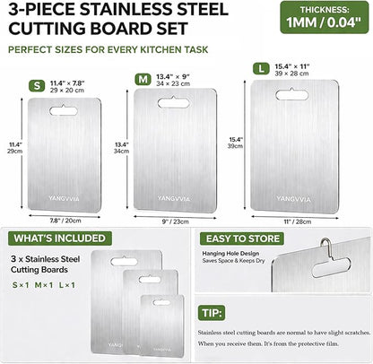 Cutting Board, 316L Food-Grade Stainless Steel Cutting Board Set of 3 | Double-Sided Chopping Board for Kitchen | Dishwasher Safe Work Surface for Meat, Vegetables, & Fruit | Ideal Gift (S+M+L)