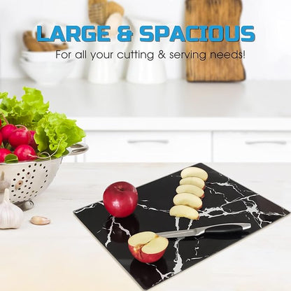 VASUHOME Glass Cutting Board, 16 * 12 inch Set of 1 Tempered Glass Cutting Board, Decorative Square Marble Chopping Board for Kitchen, Scratch, Heat, Shatter Resistant Cutting Mat, Black and White