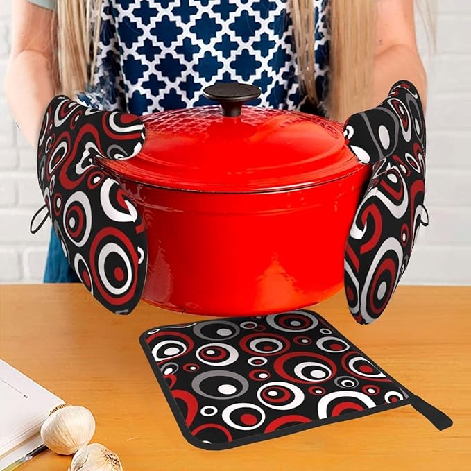 Retro Red Circles Oven Mitt and Pot Holder Set (3-Piece) - Heat Resistant Non-Slip Modern Geometric Gloves Gift for Chef Cooking Baking Grilling BBQ Lovers, Stylish Kitchen Decor, Red White Black Grey - Image 3