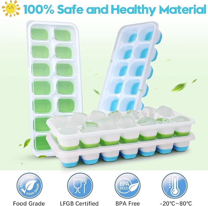 Silicone Ice Cube Tray, 8 Pack Easy-Release & Flexible 14-Ice Cube Trays with Spill-Resistant Removable Lid, Stackable Ice Trays with Covers for Freezer, Cocktail (4 Blue + 4 Green) - Image 7