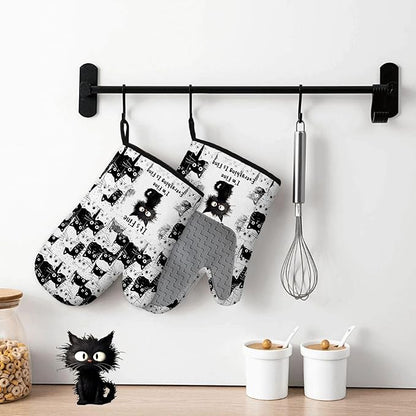 Black Cat Oven Mitts and Pot Holders Sets 3PCS, Cat Silicone Heat Resistant Oven Mitts Birthday Gifts for Cats Lover, Cute Cats Pot Holder Non-Slip Silicone Oven Gloves for Mom Wife Sister BFF