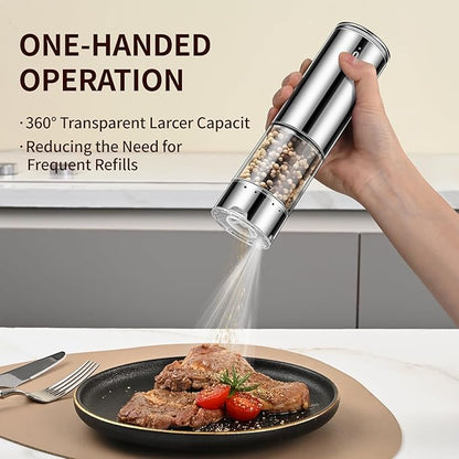 Rechargeable Salt & Pepper Grinder Set - Electric Automatic Grinder, Adjustable Coarseness, LED Light, One-Hand Operation, Stainless Steel & Acrylic, USB Charging, Silver (Set of 2)
