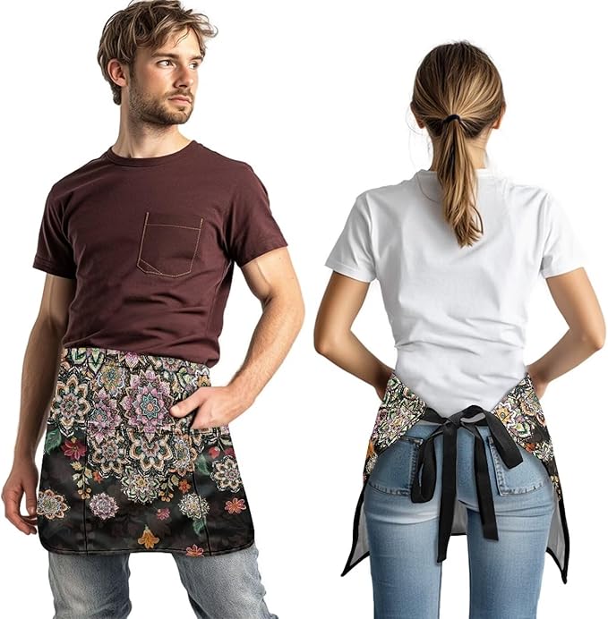 Server Apron with 3 Pockets, Waterproof Oil Waitress Waiter Half Apron for Restaurant Hotel Kitchen Cafe