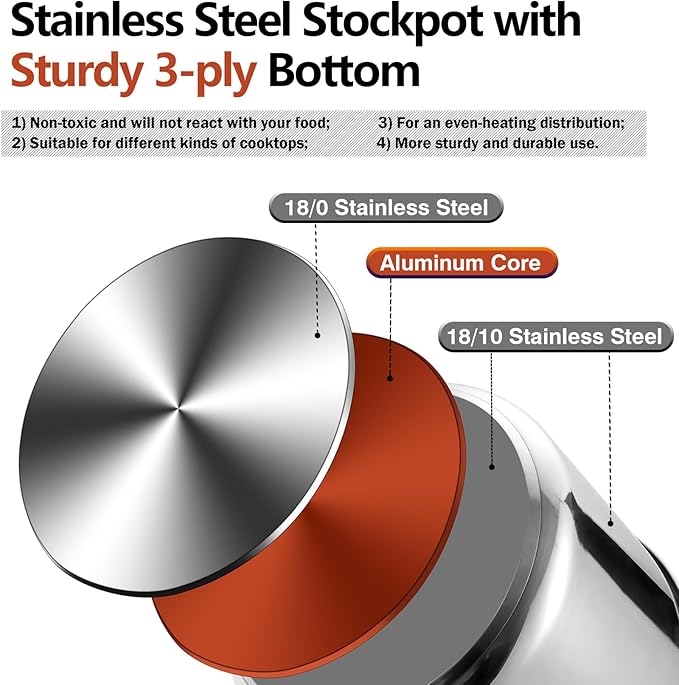 P&P CHEF 12 Quart Stainless Steel Stock Pot with Lid, Large Stockpot for Cooking Pasta Soup, Cookware for Induction Gas Electric Stoves, Visible Lid & Measuring Markings, Dishwasher Safe - Image 4