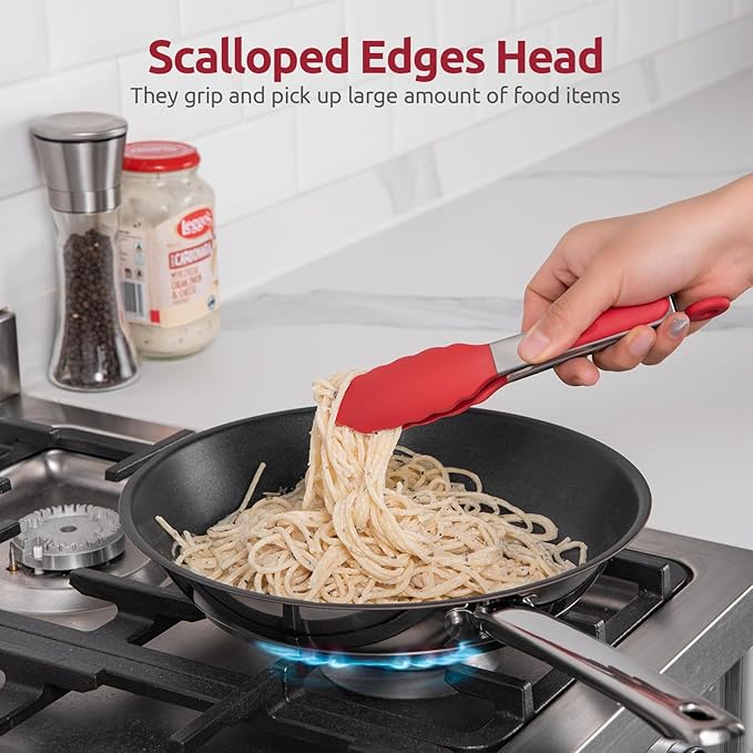 600ºF Heat Resistant Kitchen Tong: U-Taste 7 inch Silicone Cooking Tong with Firm Sealed Non Stick Rubber Tips & Silicon Coated 18/8 Stainless Steel Handle & Smooth Locking for Serving Salad (Red) - Image 4