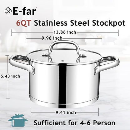 E-far 6 Quart Stock Pot with Lid, Stainless Steel Stockpot for Cooking Simmering Soup Pasta Sauce, with Tri-Ply Bottom & Visible Cover, Induction/Gas/Dishwasher Safe, Heavy Duty & Non Toxic - Image 2