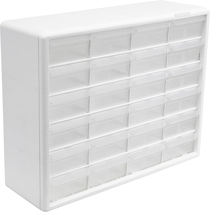 Akro-Mils 24-Drawer Plastic Drawer Storage Cabinet for Garage Organization, Bead Organizer, Building Bricks Storage, Teacher Toolbox, Makeup Organizer, 20" W x 6" D x 16" H, 10124 White by Akro-Mils