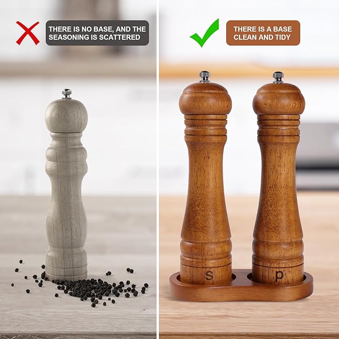 DEBETOOL Wooden Salt and Pepper Grinder Set with Stand - 8-inch Oak Wood Salt Mill Pepper Grinder Set, Adjustable Ceramic Core, 2 Pepper Mills + Wooden Spoon & Cleaning Brush (Kitchen Essential) - Image 5
