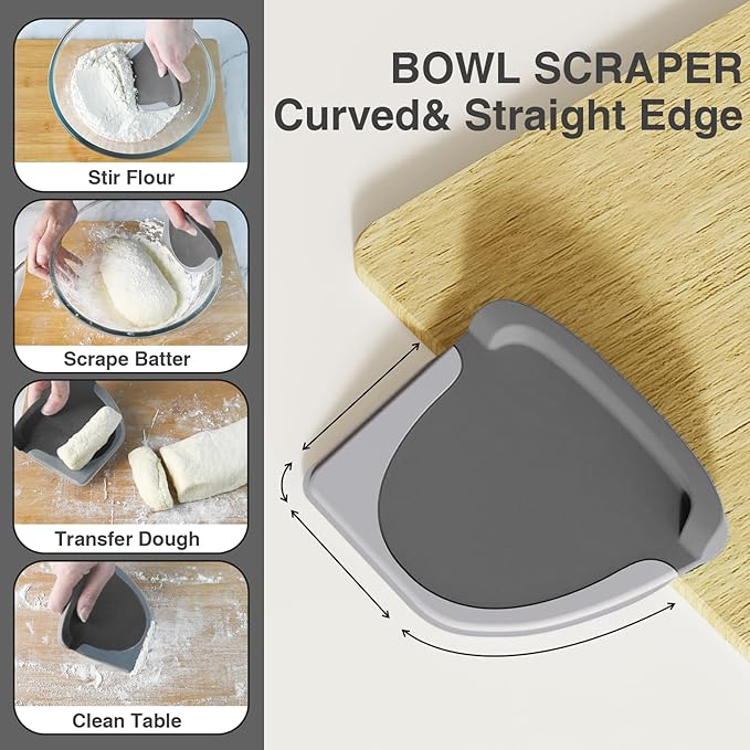 Bench Scraper Dough Cutter Tool - Bowl Pastry Scraper for Bread Cake Pizza, Bench Knife Kitchen Dough Scraper for Baking, Stainless Steel Food Scraper with Grip Handles & Measuring Scale, Grey, Gray - Image 5