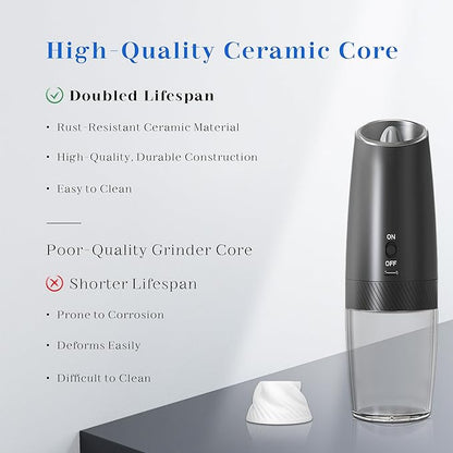 UNNEES Rechargeable Electric Salt and Pepper Grinder Set, Gravity Activated, Adjustable Coarseness, LED Light, USB Charging, Ceramic Core, 150ml Transparent Hopper, Black - Image 4