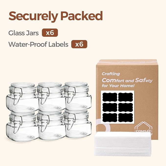 ComSaf Set of 6 Square Glass Jars with Airtight Wire Clamp Lids (17 Oz), Wide Mouth Pantry Canisters for Overnight Oats, Jam, Pickling, Spice Storage, Gifts - Image 8
