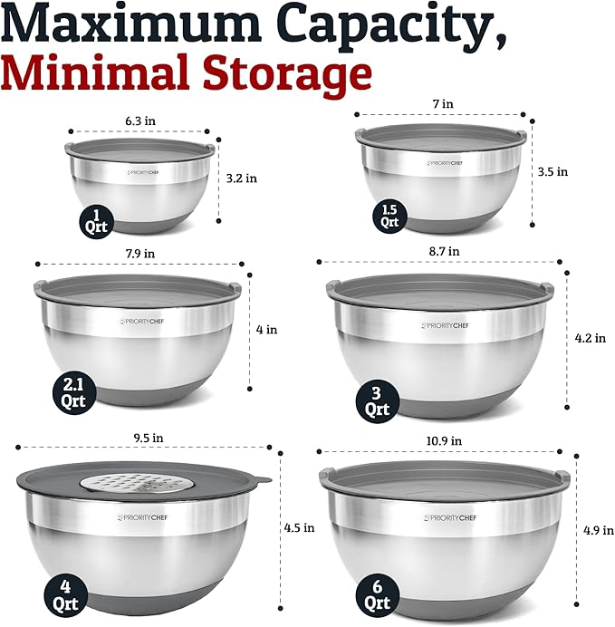 Priority Chef 6Pc Large Mixing Bowls With Lids Set with Non-Slip Bases, Stainless Steel Mixing Bowl Set, 6 Airtight Lids and 3 Graters, Grey - Image 2