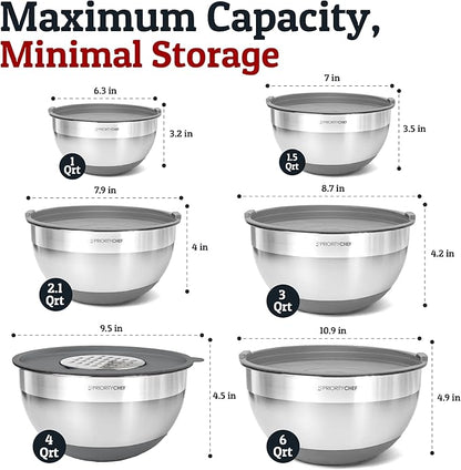 Priority Chef 6Pc Large Mixing Bowls With Lids Set with Non-Slip Bases, Stainless Steel Mixing Bowl Set, 6 Airtight Lids and 3 Graters, Grey - Image 2