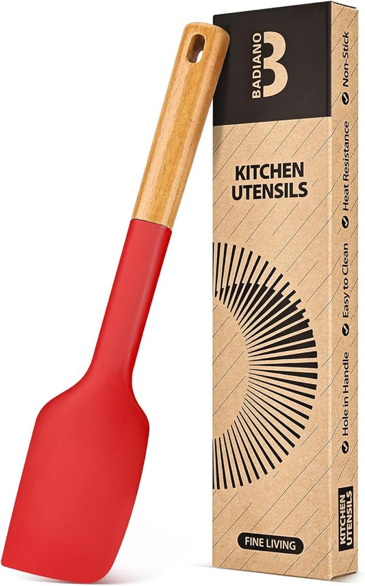 Silicone Heavy-Duty Spatula, Great For Tough Mixing And Stirring, Sturdy Bpa-Free Matte Silicone, Wooden Handle Rubber Scraper For Nonstick Cookwares (RED)