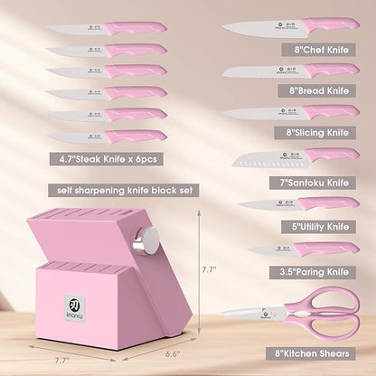 imarku Pink Kitchen Knife Set - 14-Piece Stainless Steel Knife Set with Block and Build-in Sharpener, Gift for Women, Anti-Slip Handle, Dishwasher Safe - Image 5