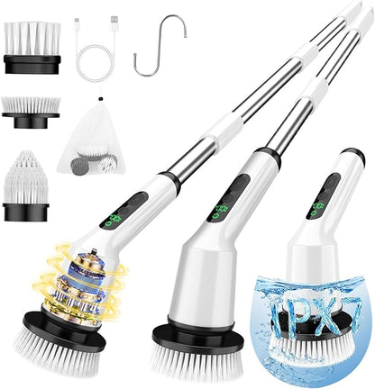 Electric Spin Scrubber for Cleaning Bathroom, Shower Scrubber Cordless Cleaning Brush with IPX7 Waterproof & 2 Speed, 3 Brush Heads, Bathroom Cleaning Supplies for Shower Tub Kitchen Tile Toilet White