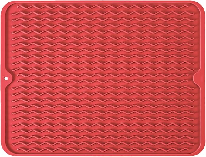 Large 17" x 14" Silicone Dish Drying Mat for Kitchen Counter, Easy clean, Quick Dry, Heat-resistant Dish Drainer Mat for Sink,Refrigerator or Drawer liner (Food Grade Silicone-Red) by MODENGKONGJIAN