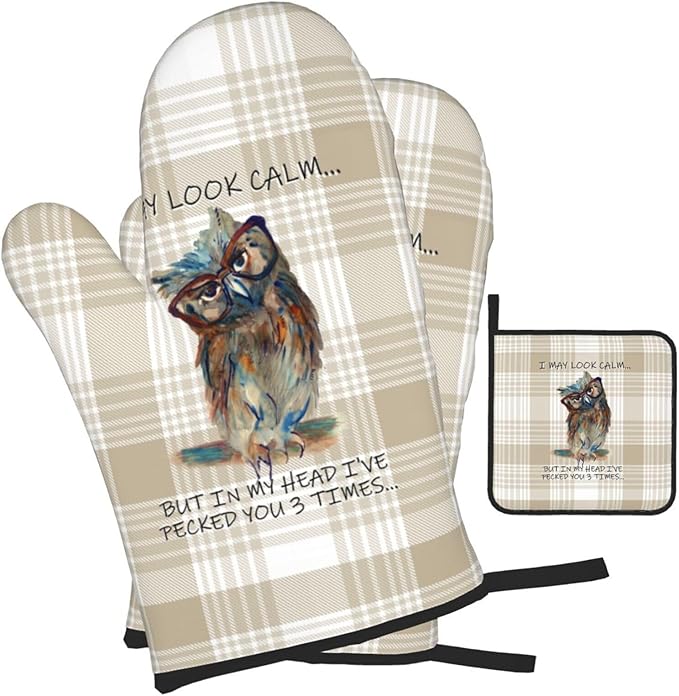 Funny Owl Oven Mitts and Pot Holders Sets of 3 Kitchen Hot Pads Cute Buffalo Plaid Oven Gloves Heat Resistant Washable for Cooking Grilling Baking Holiday Kitchen Decor - Image 2