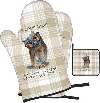 Funny Owl Oven Mitts and Pot Holders Sets of 3 Kitchen Hot Pads Cute Buffalo Plaid Oven Gloves Heat Resistant Washable for Cooking Grilling Baking Holiday Kitchen Decor - Image 2