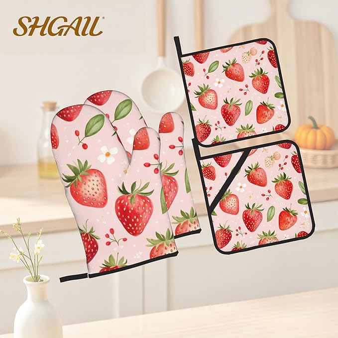 Strawberry Daisy Pattern Oven Gloves and Hot Pads Set - Heatproof Hand Protection for Baking, Grilling, Cooking 4Pcs